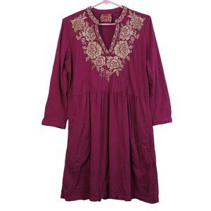 Johnny Was Embroidered Purple Mini 3/4 Sleeve Pocket Dress - Medium